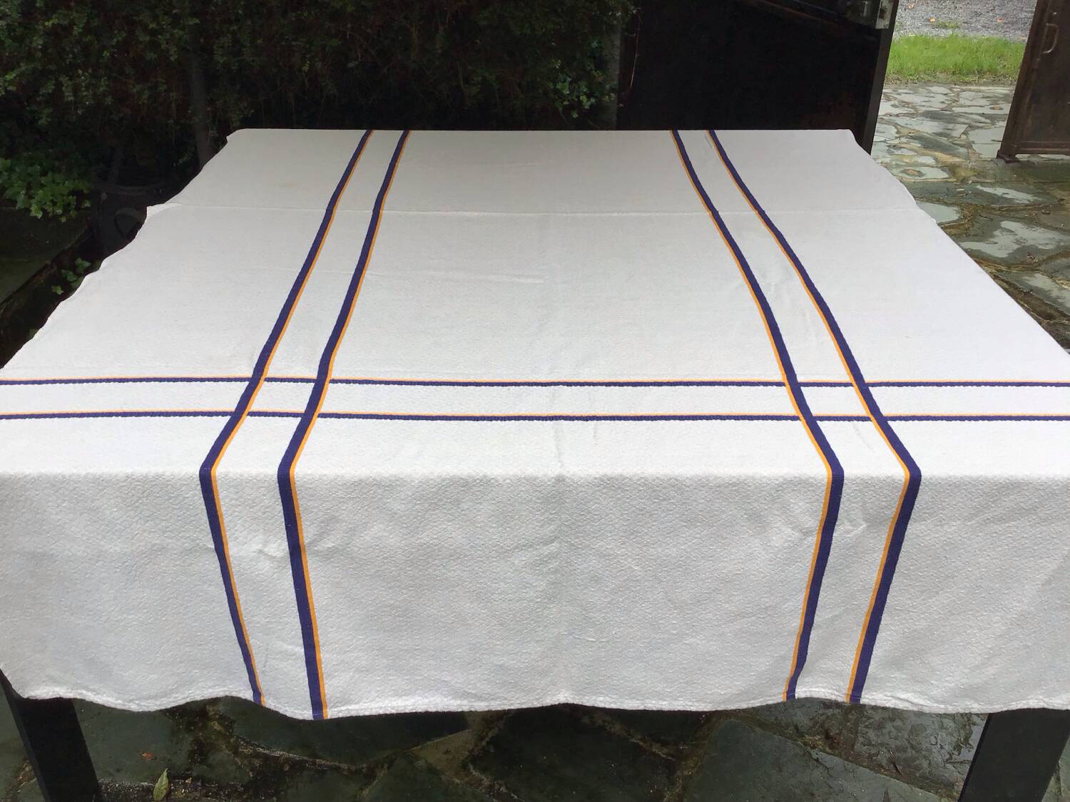Basque fabric tablecloth with yellow and navy stripes