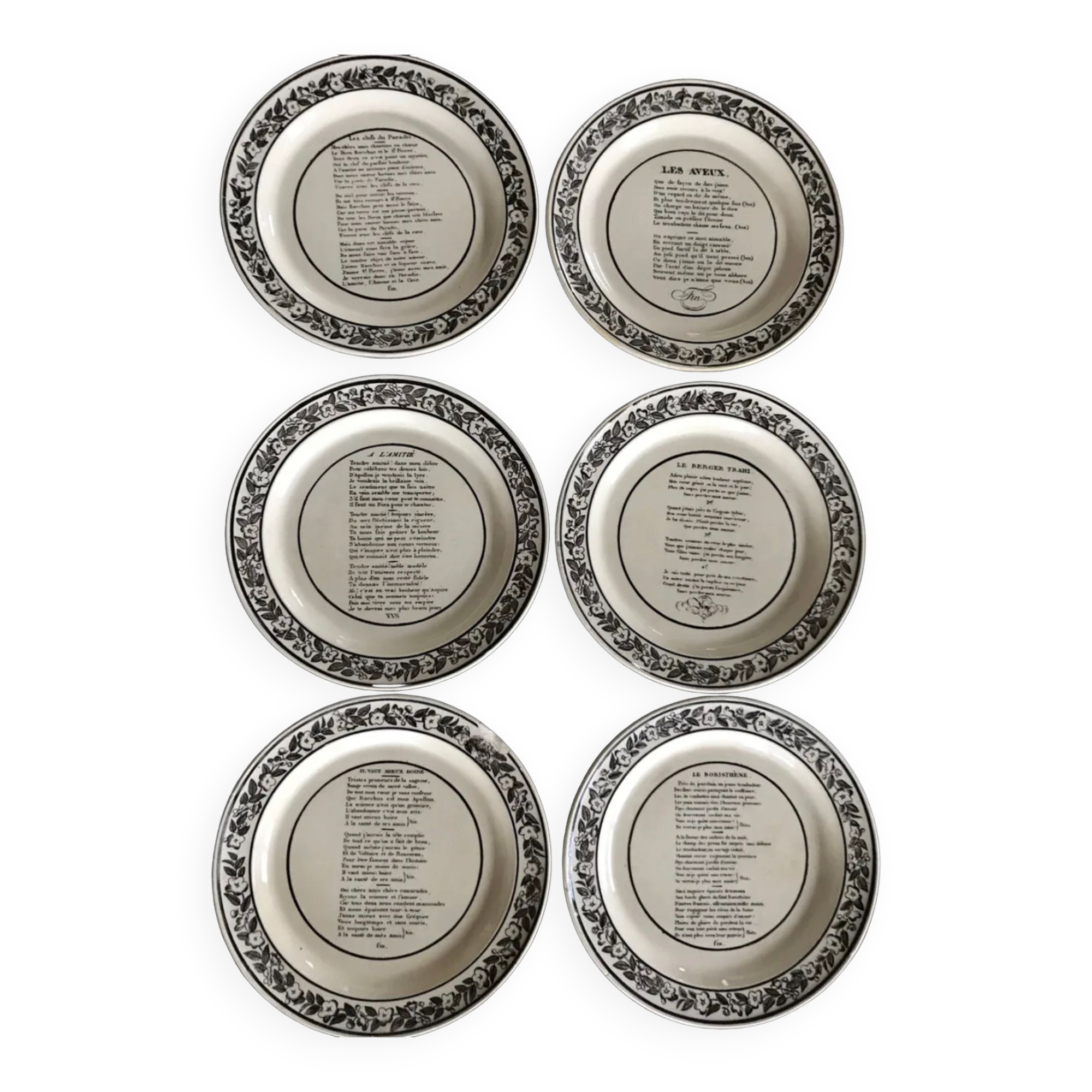 Set of 6 antique plates in fine earthenware with printed decoration of grisailles and poems