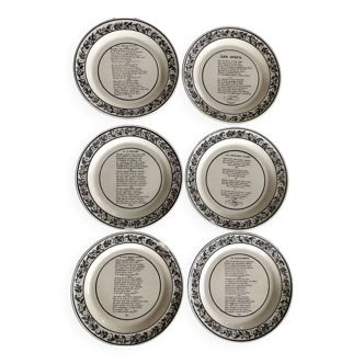 Set of 6 antique plates in fine earthenware with printed decoration of grisailles and poems