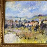 Oil painting on canvas village landscape, gilded frame