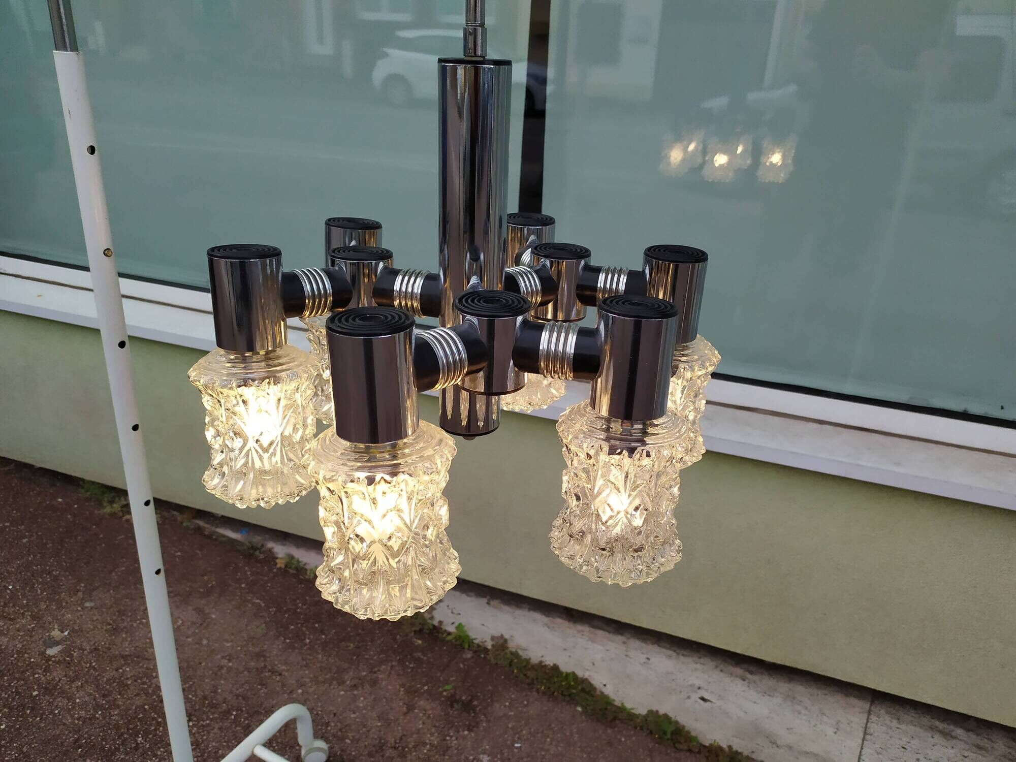 Vintage ceiling lamp in chrome plated and glass cut from targetti 1970 - 6 lamps