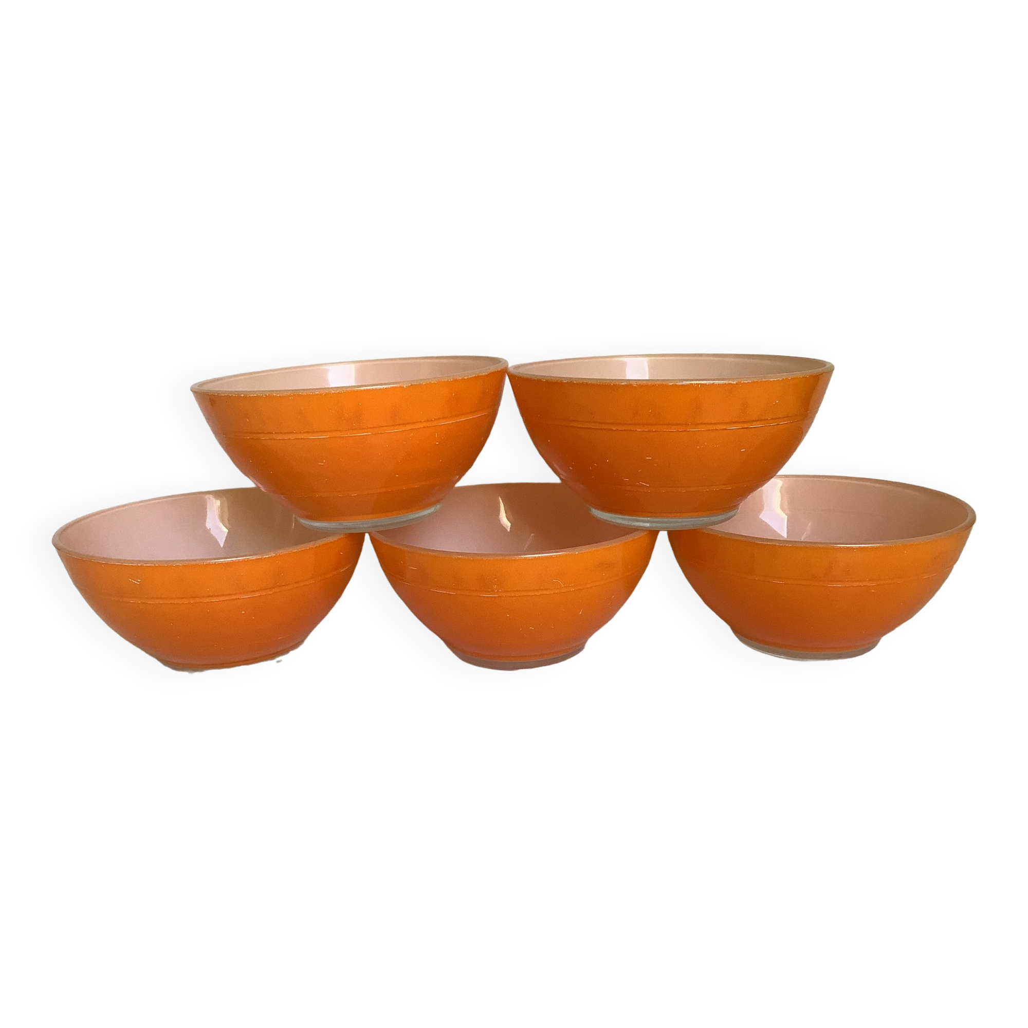 Five old orange duralex bowls