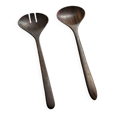 Paire de couverts à salade ou ustensiles de cuisine en teck noirci L30 D9