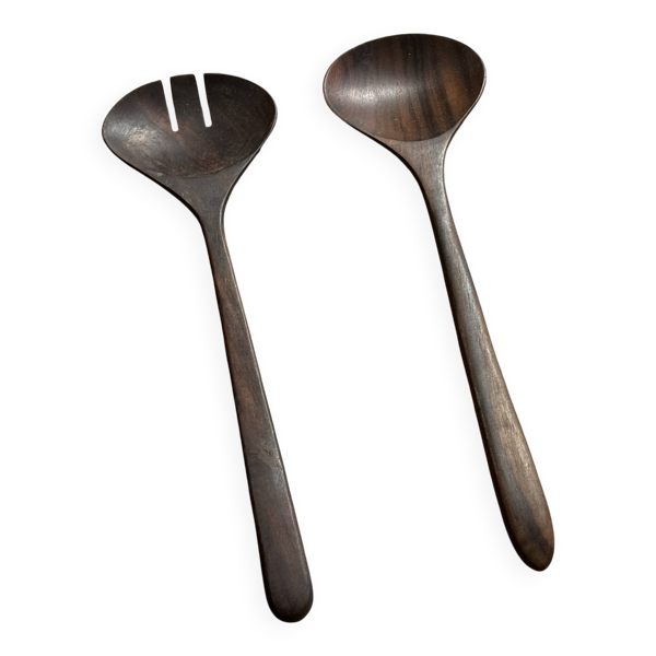 Paire de couverts à salade ou ustensiles de cuisine en teck noirci L30 D9