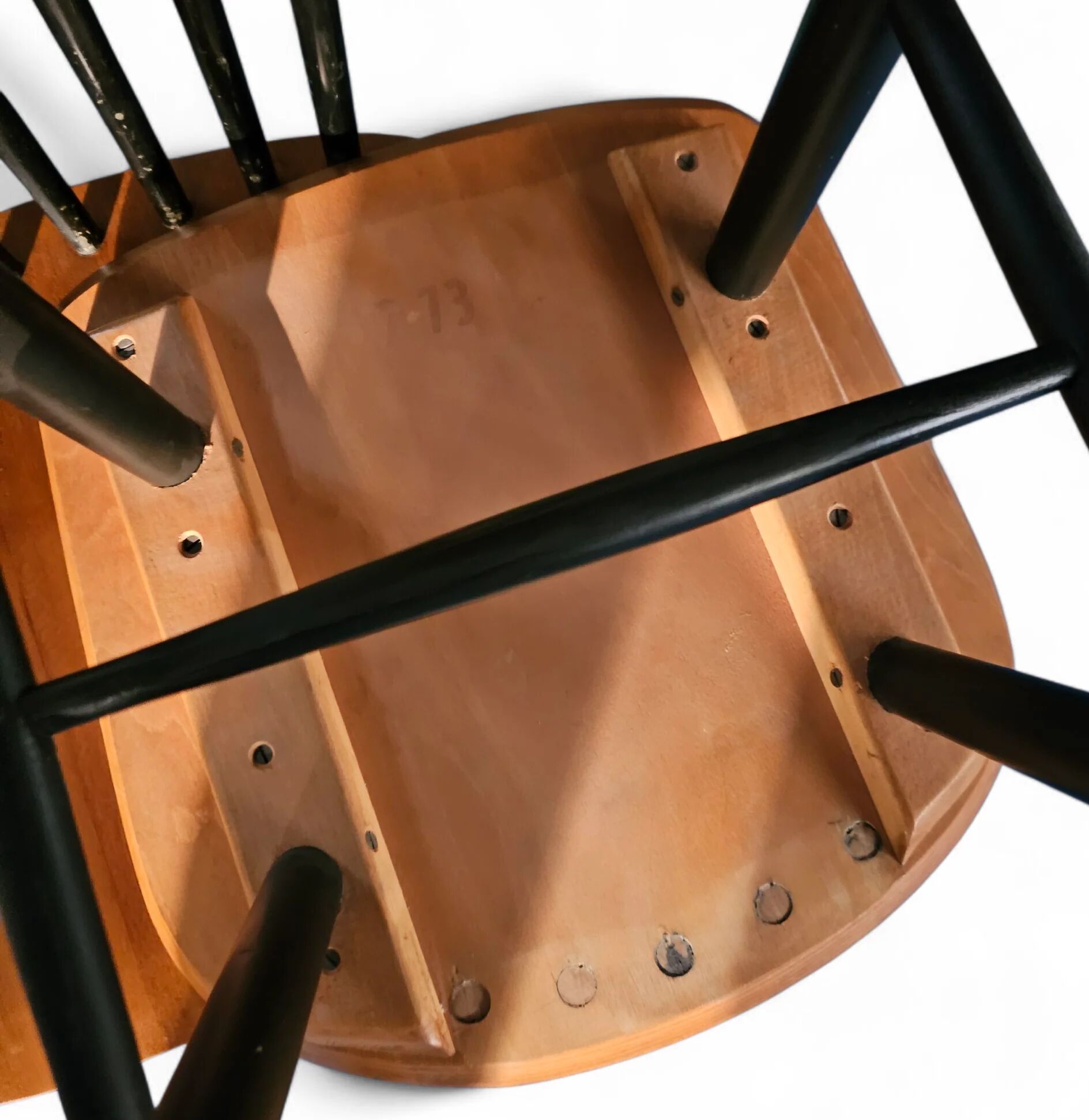 Set of 2 spindle back dining chairs, curved seating, teak wood seat, 1960s, Pastoe Holland, 1970s