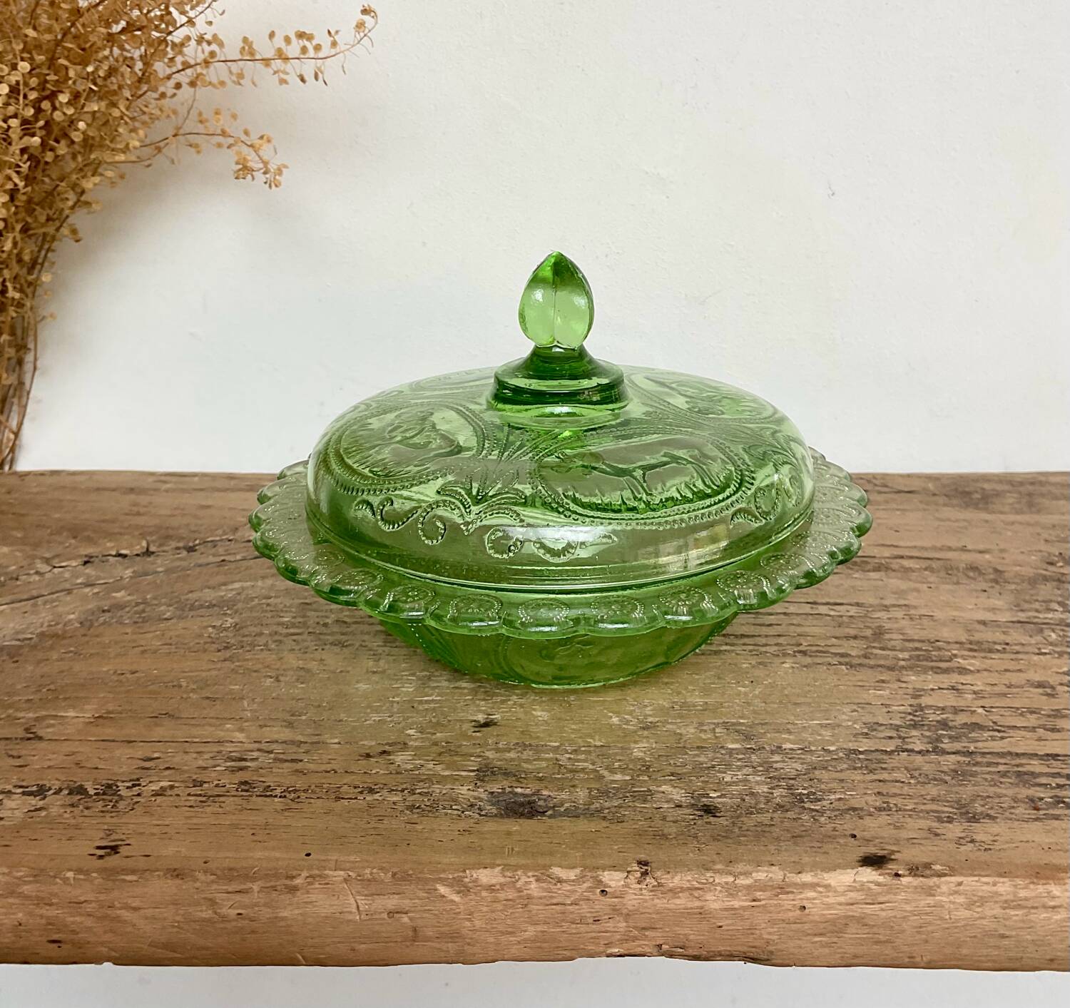 Green glass butter dish