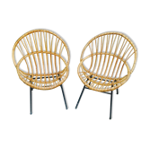 Pair of armchairs in rattan basket with vintage black metal legs