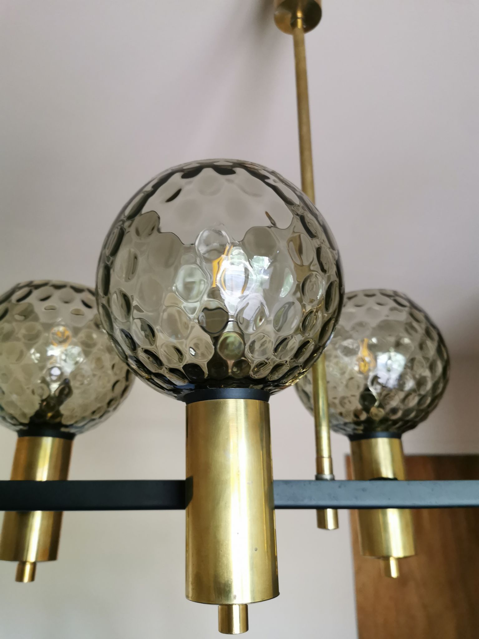 Vintage metal painted chandelier, brass and glass.