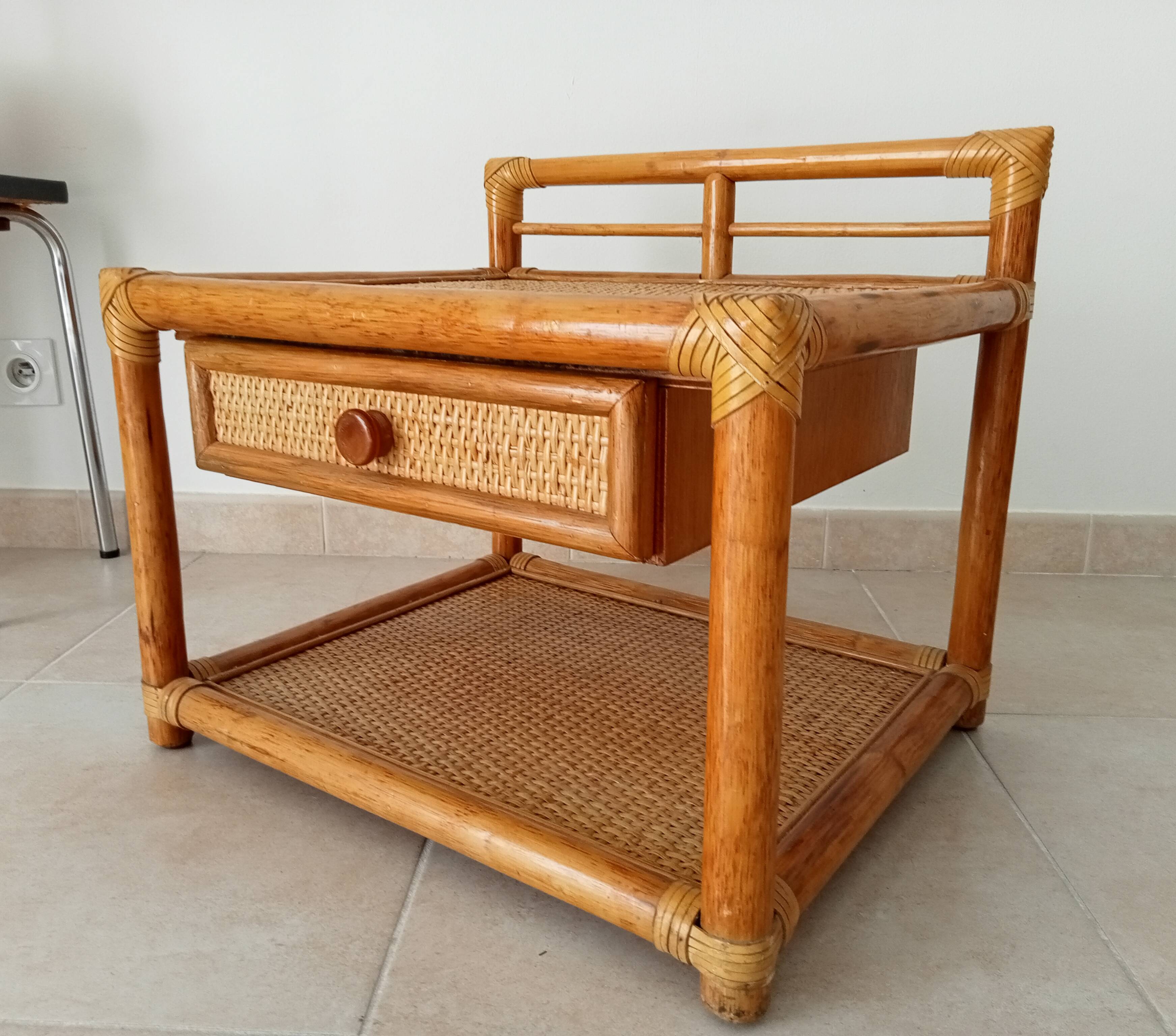 Vintage Maugrion side table in bamboo and rattan