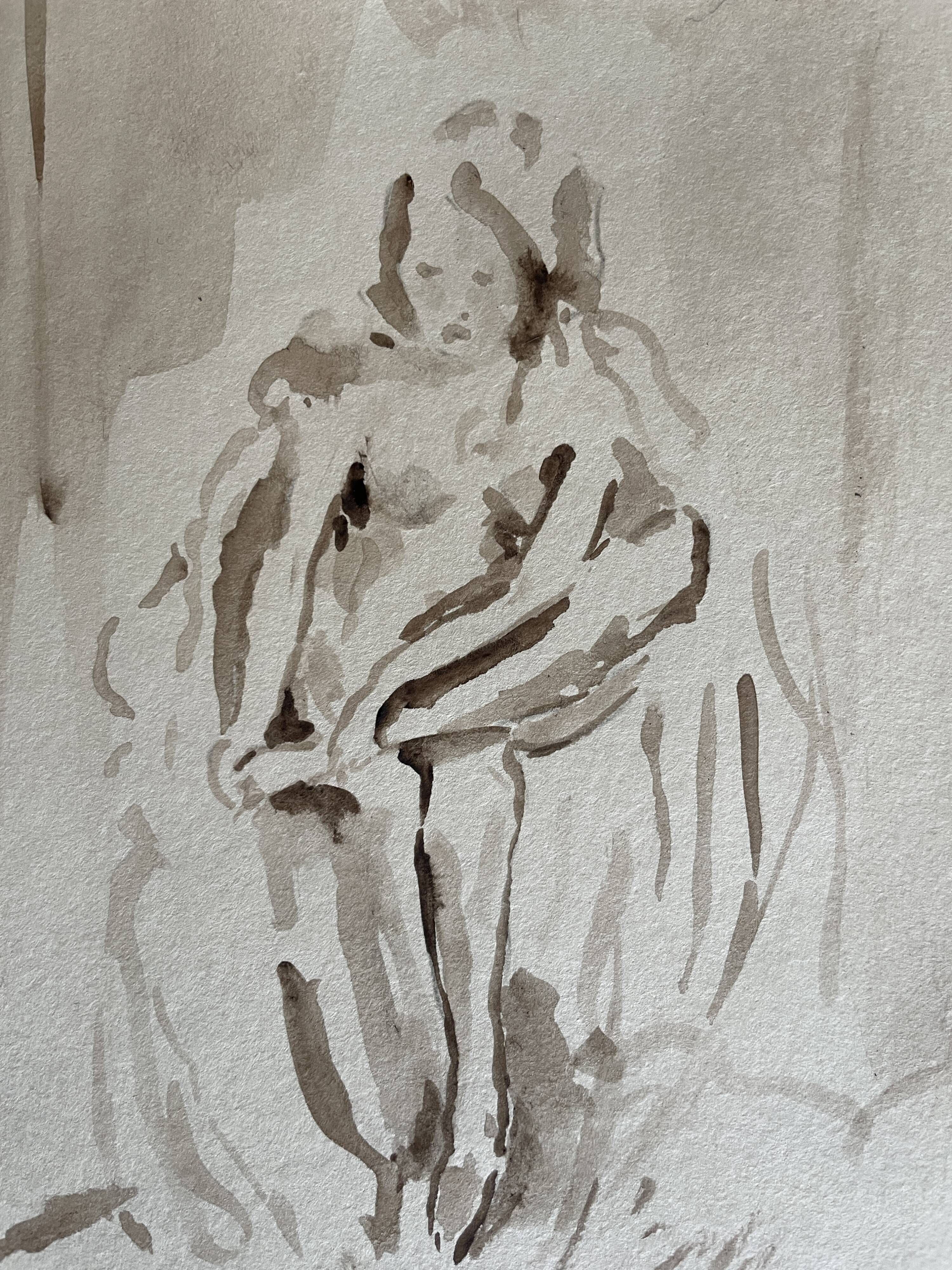 Tableau signé aquarelle portrait féminin « esquisse sortie du bain »