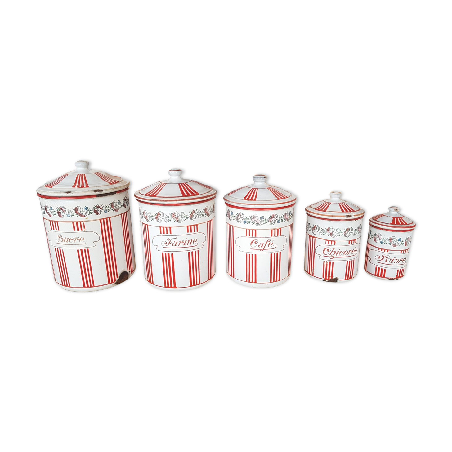 Old series of enamelled sheet metal spice pots