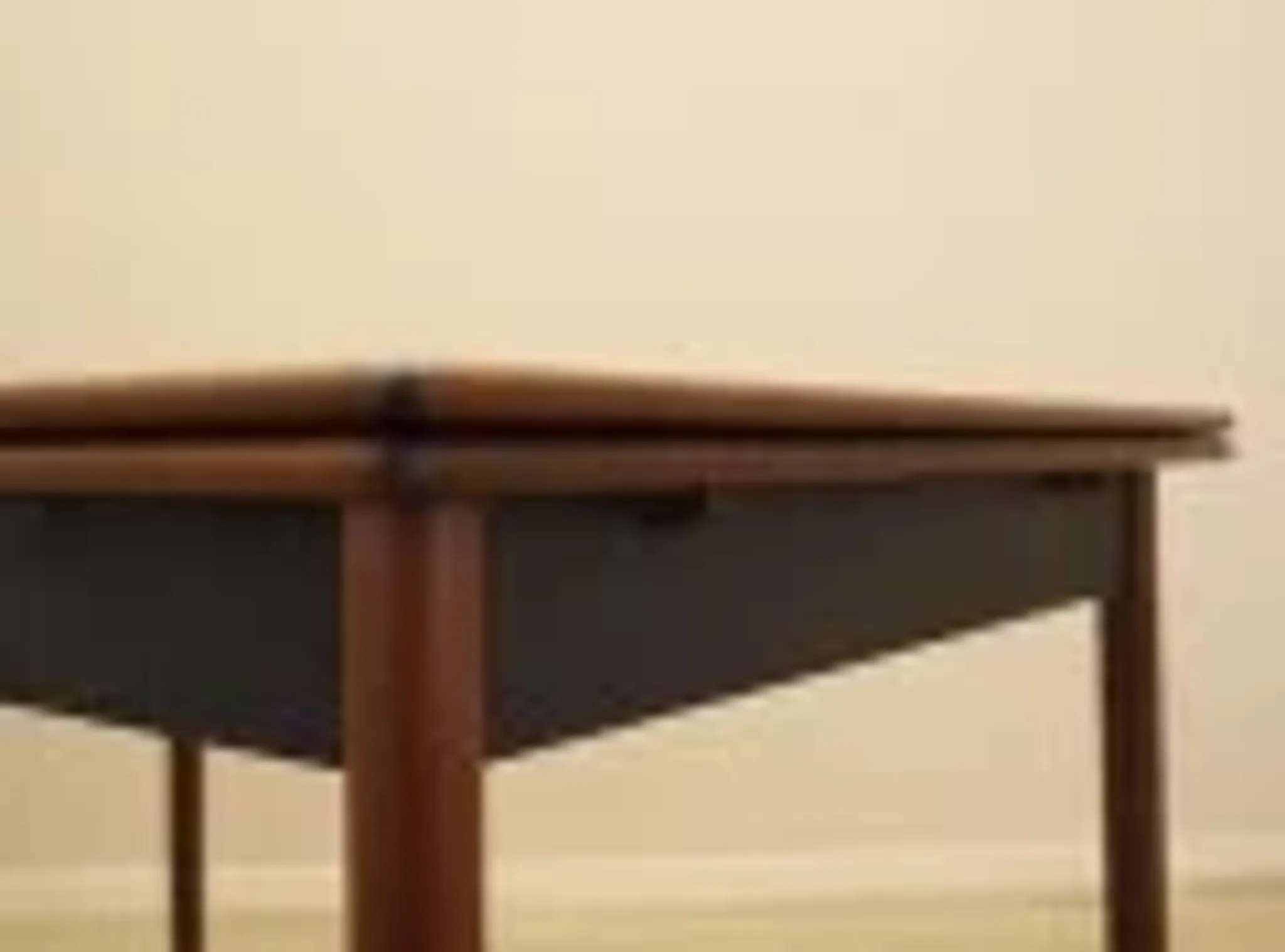 Danish extendable dining table, teak veneer, solid wood legs, leaf storage, 1970s