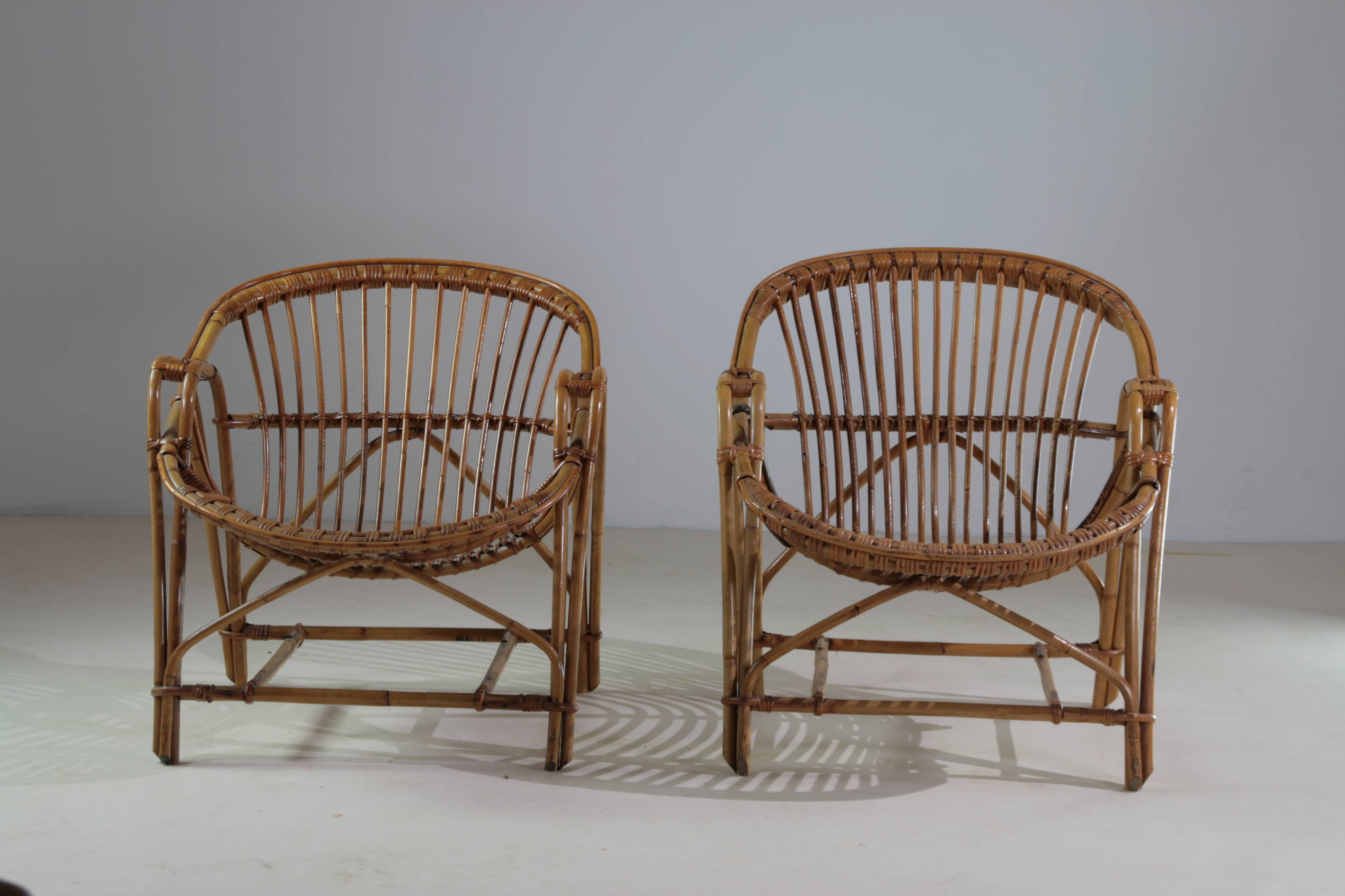 Pair of shell armchairs in rattan, France 1960