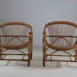 Pair of shell armchairs in rattan, France 1960