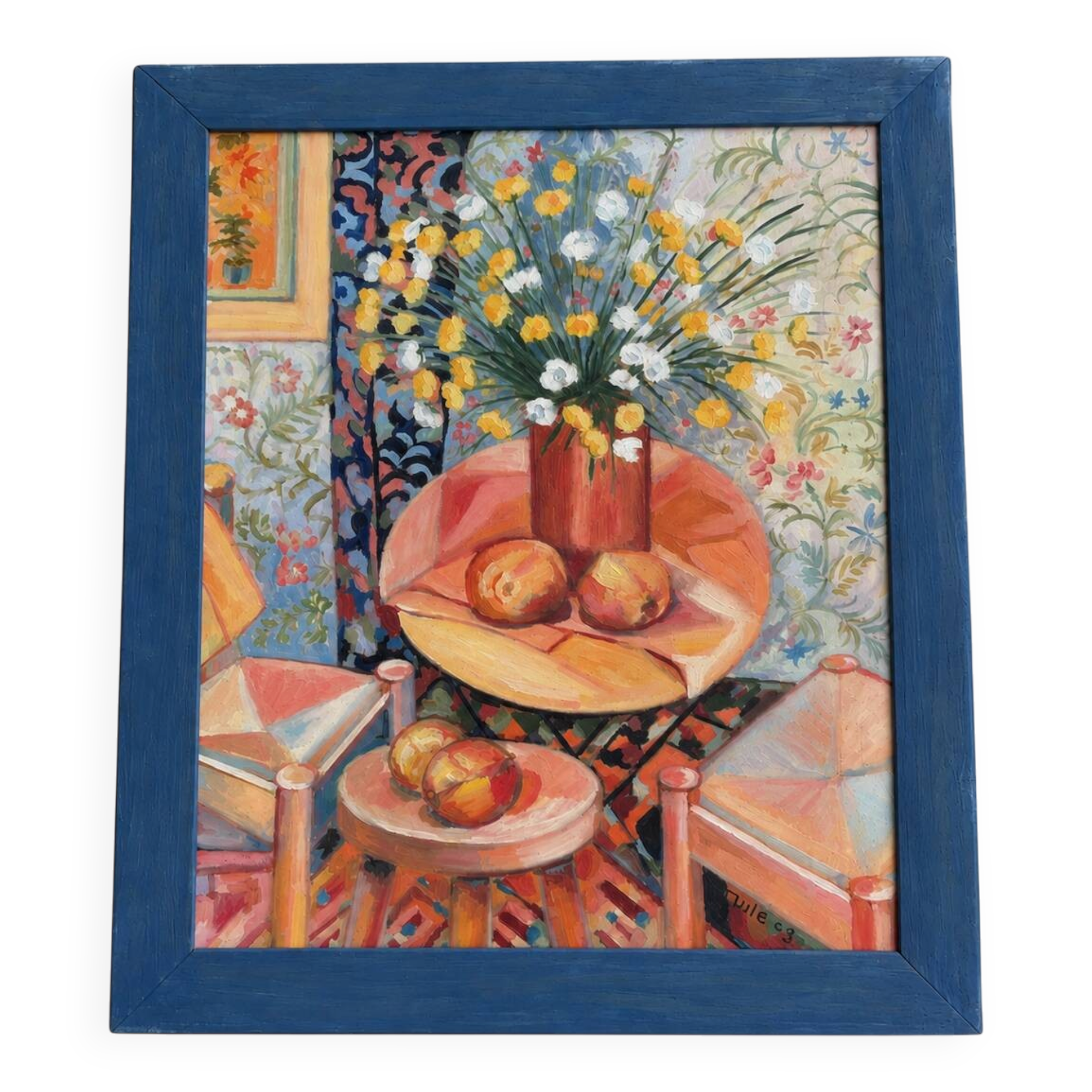 Still life with a bouquet of flowers – Colourful interior – Signed