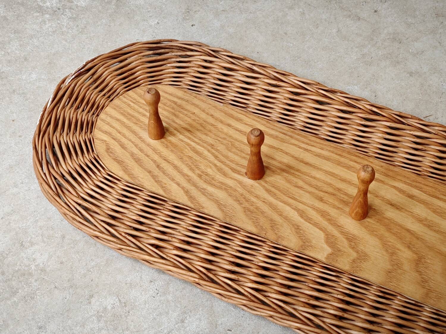 Rattan and wood wall coat rack by ULUV, former Czechoslovakia 1960