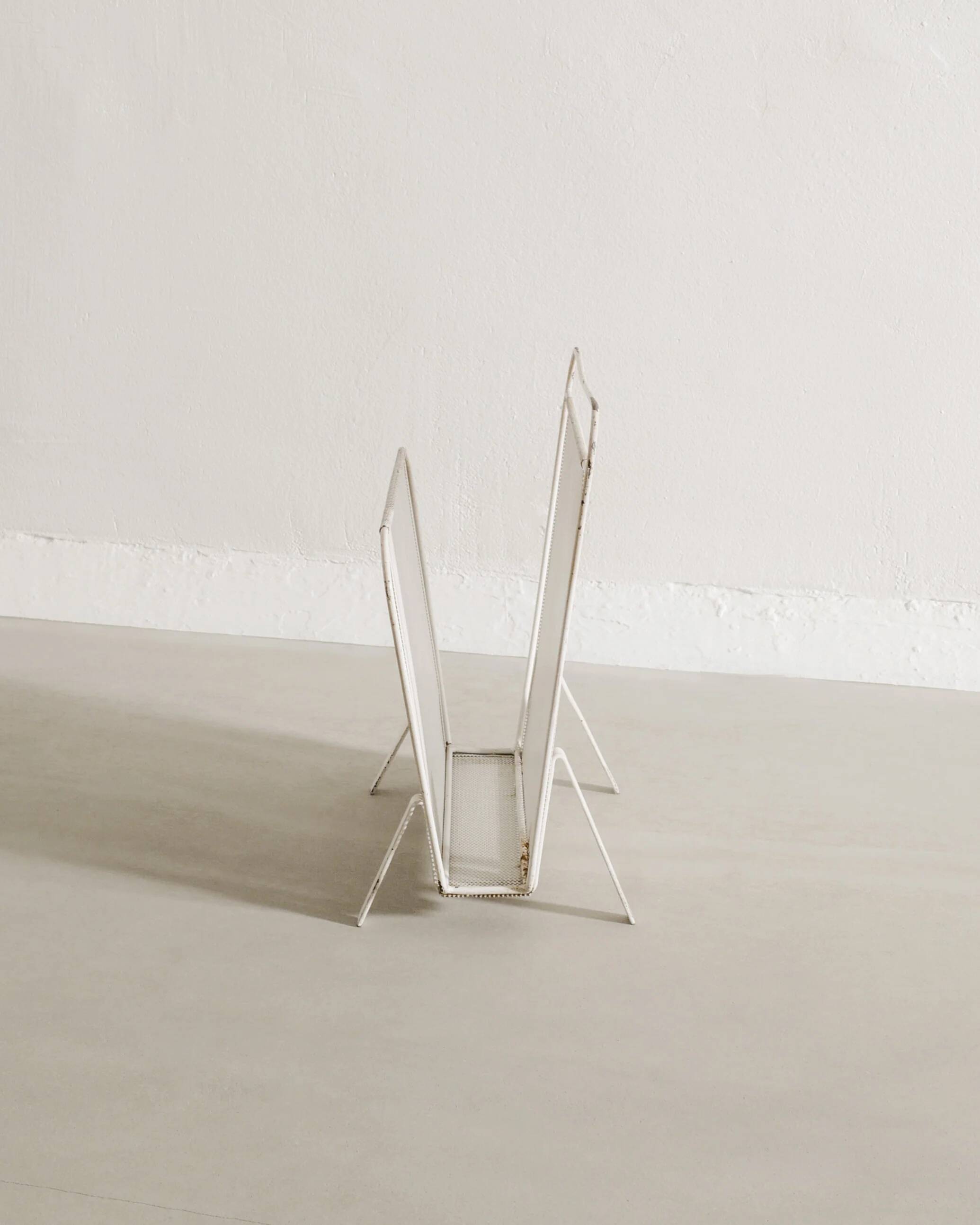 Vintage French Mid Century Mathieu Matégot White Metal Magazine Rack, 1950s