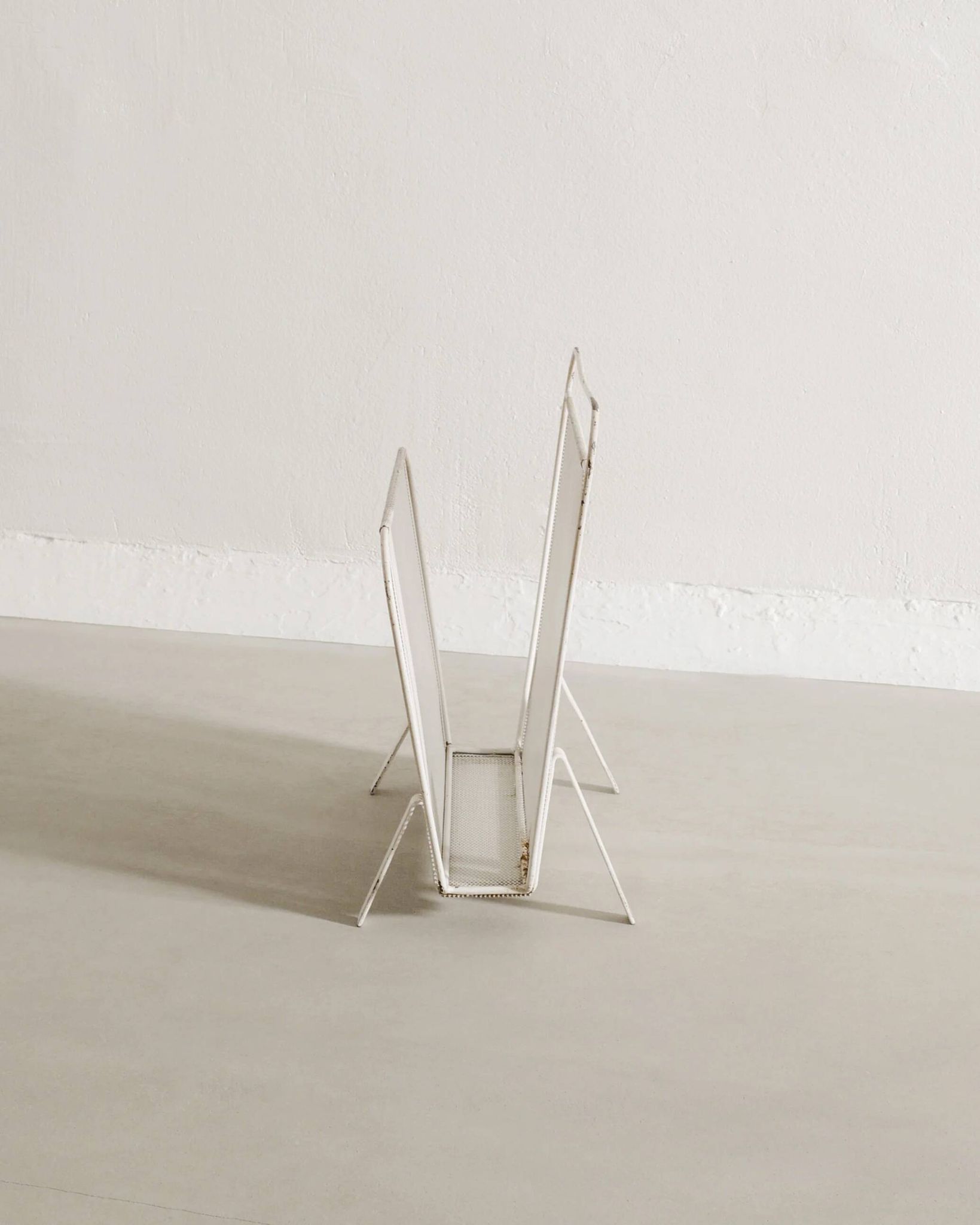 Vintage French Mid Century Mathieu Matégot White Metal Magazine Rack, 1950s