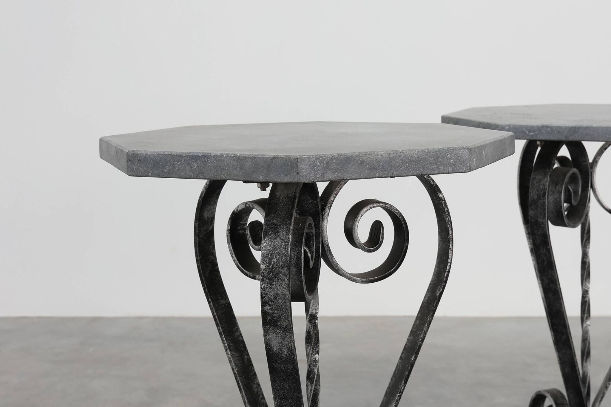Pair of French Wrought Iron Consoles with Belgian Blue Stone Tops, 1950s