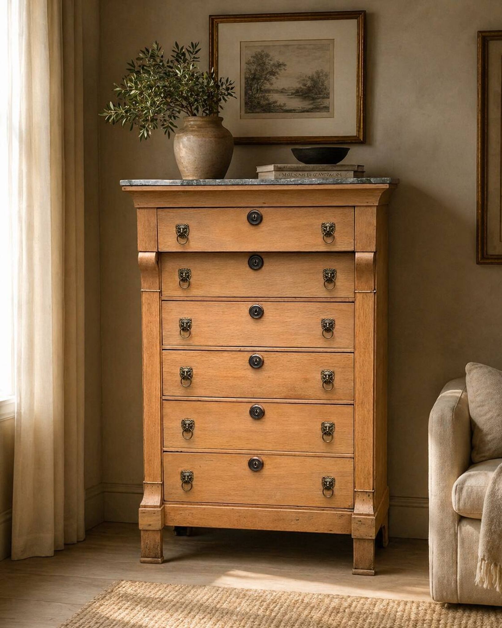 High Empire chest of drawers in solid raw oak