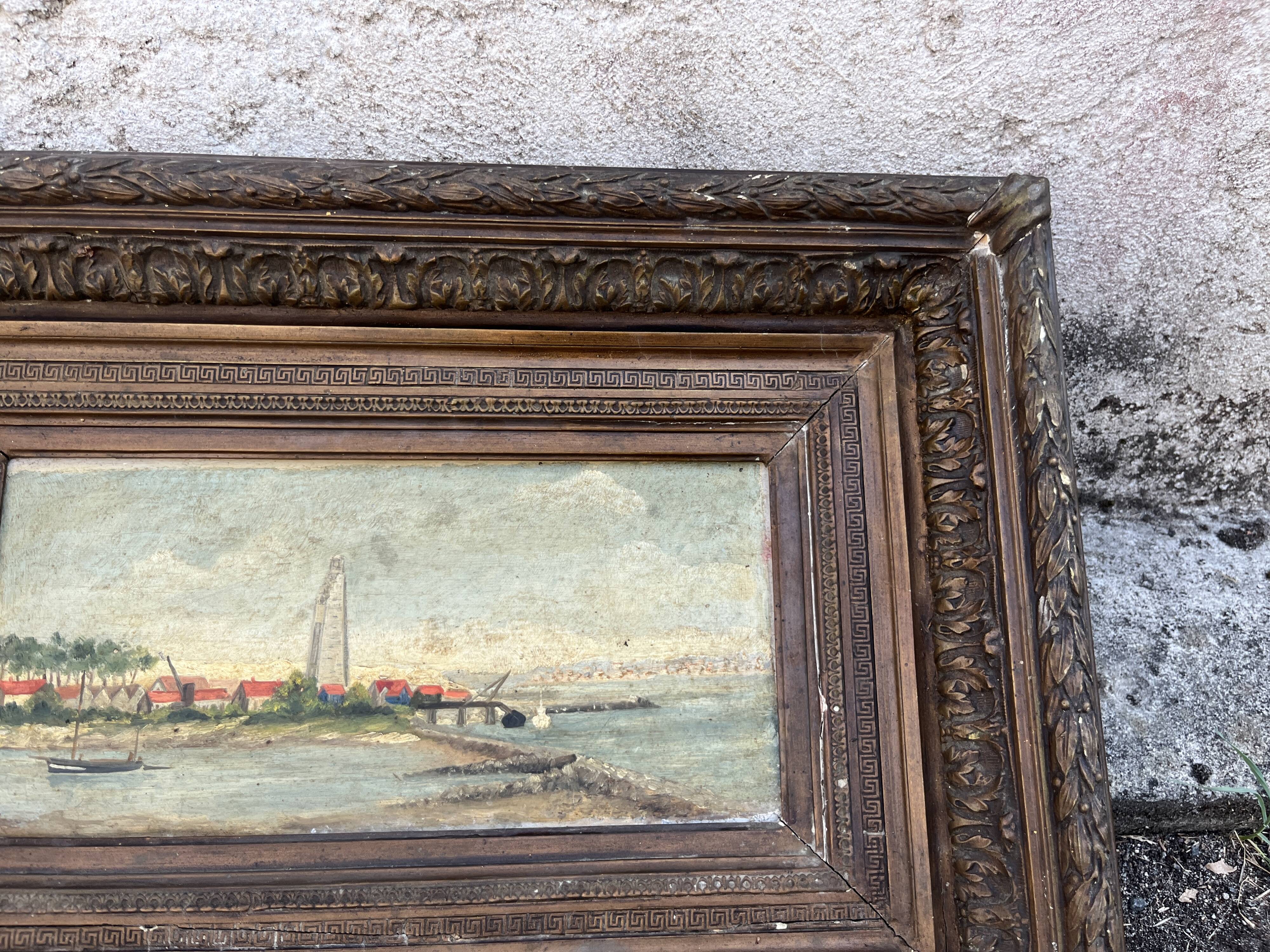Beautiful painting of a port landscape and its old 19th century frame