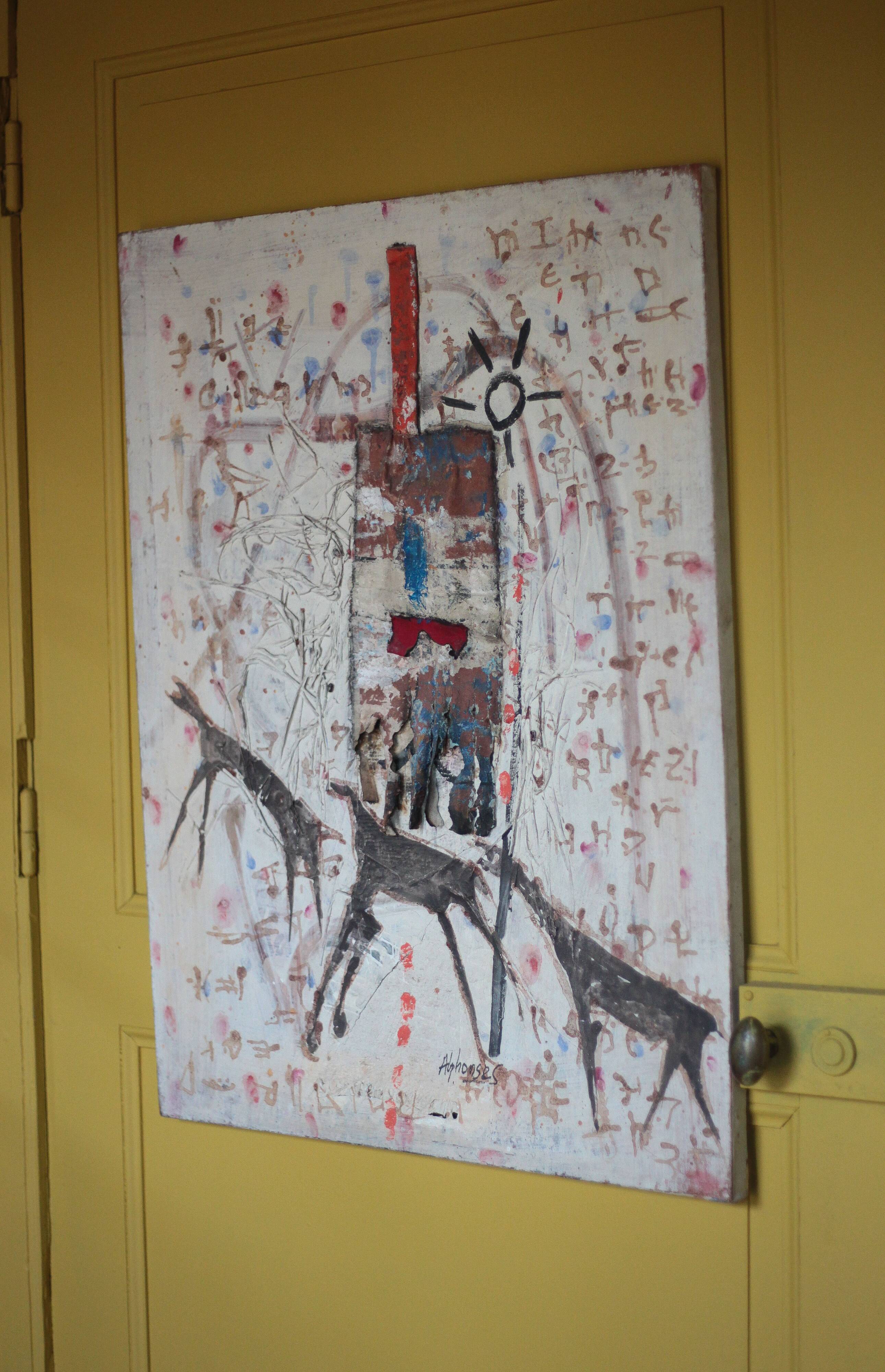 Signed table by Alphonse Sallah, The wolves have entered the city, technique