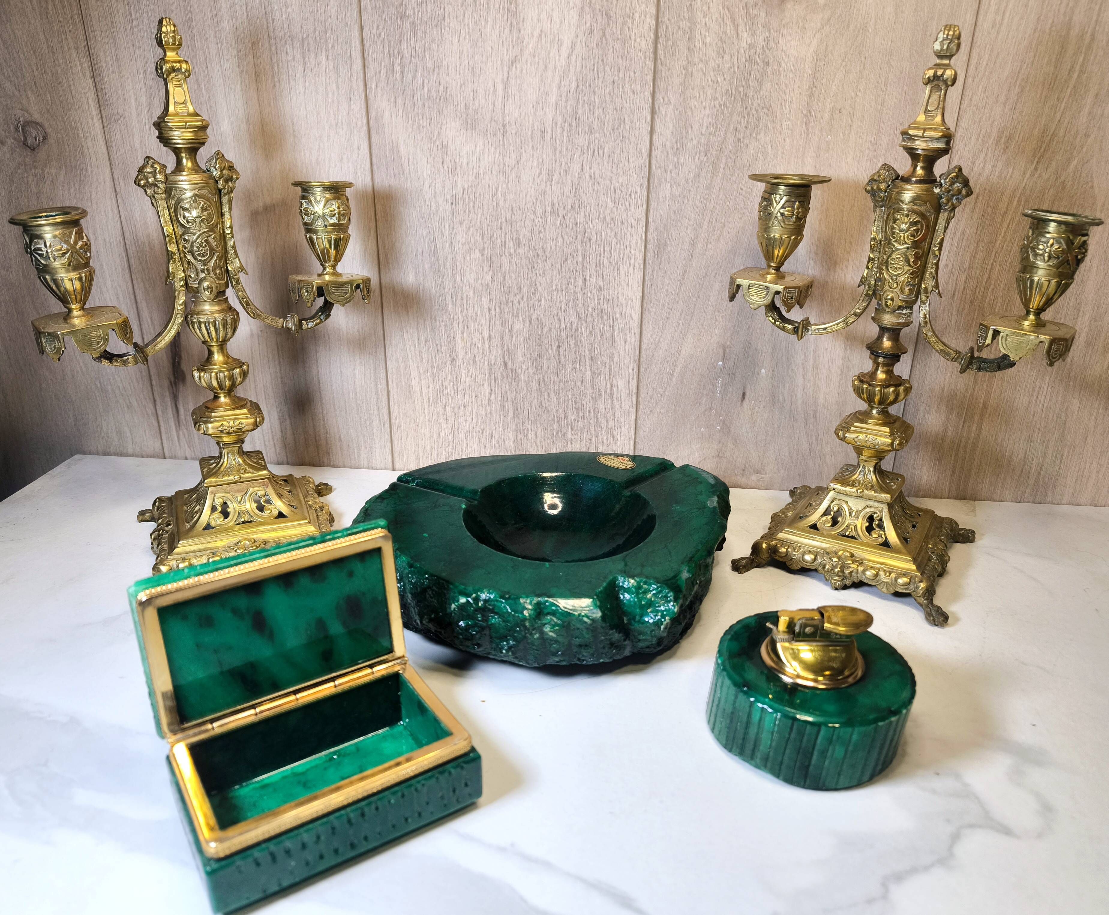 Vintage 70's Desk Set in Green Alabaster Malachite - 3 Pieces - Ita