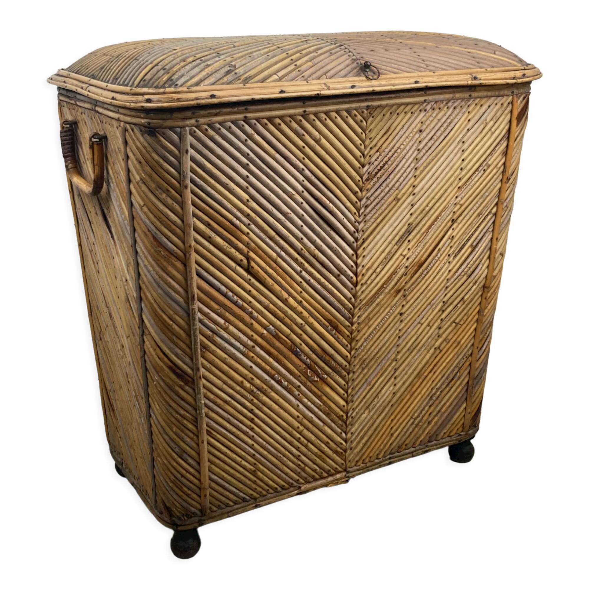 Vintage pencil split reed rattan bamboo wicker chest, 1930s-1950s