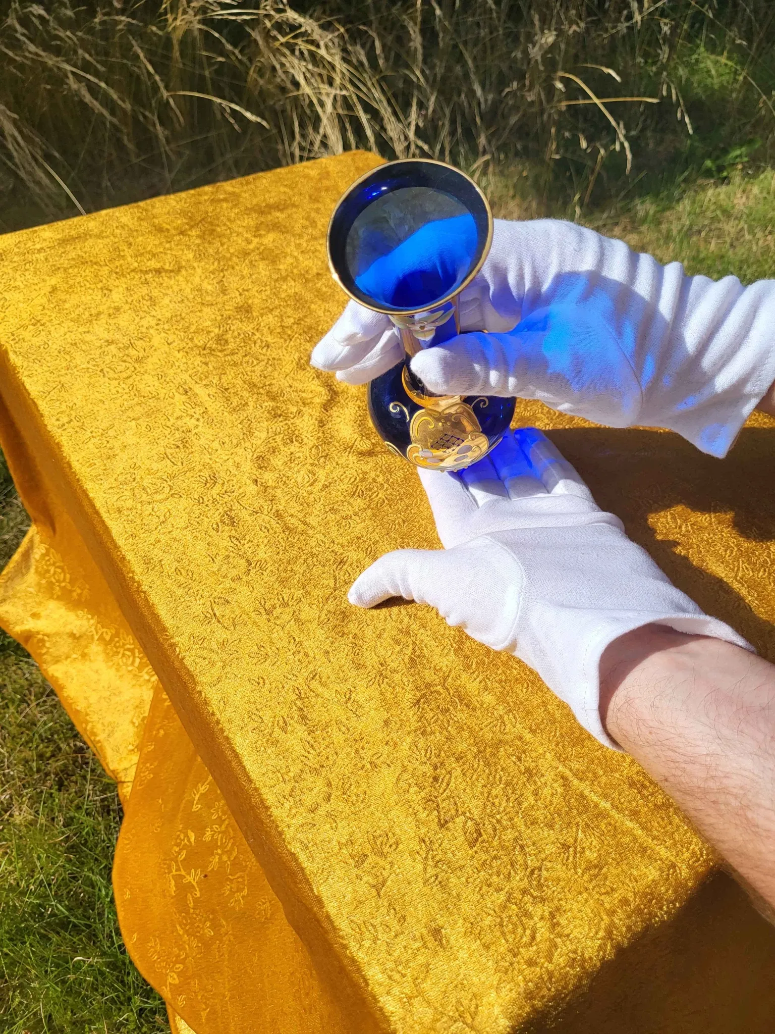 Vintage Bohemian Cobalt Blue Glass Bud Vase | 24K Gold Gilt & Hand-Painted