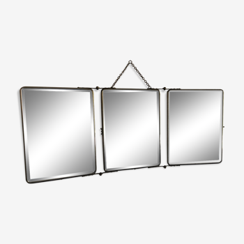 Miroir triptyque barbier biseauté cristal vintage 1950 -  28 x 69 cm