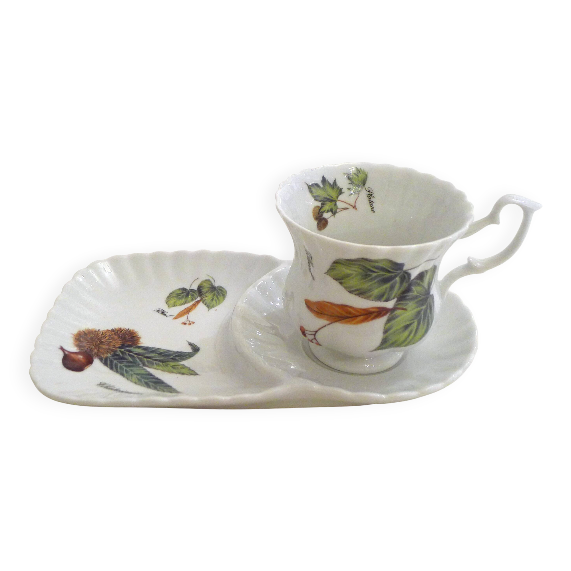 Tea cup, solitary service, naturalistic decoration, in Limoges porcelain.