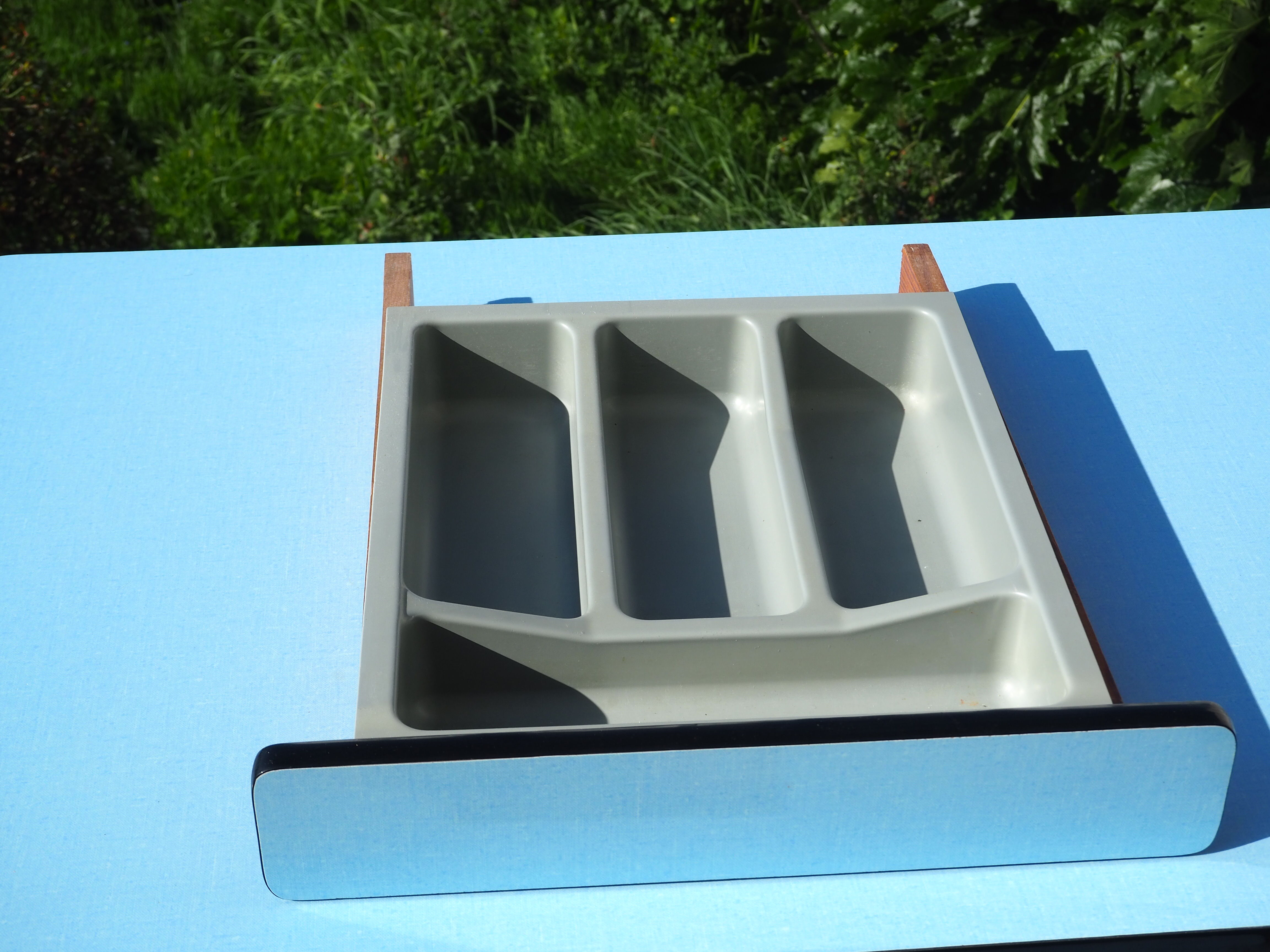 Blue formica table and two stools