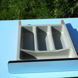 Blue formica table and two stools