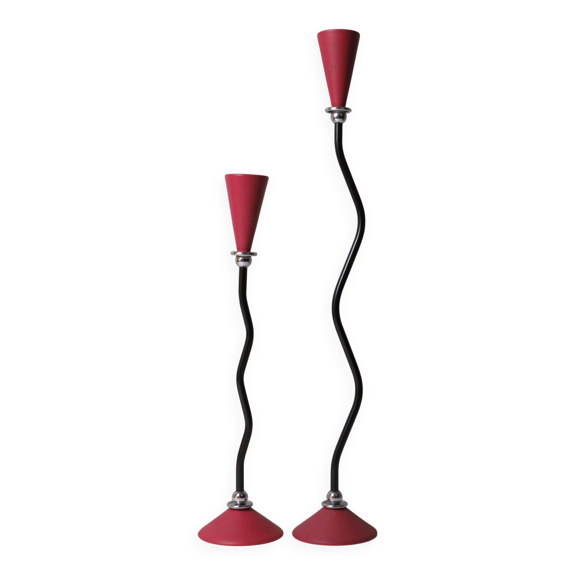Pair of candlesticks, ceramic, metal and chrome, 1980s