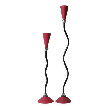 Paire de chandeliers, céramique, métal et chrome, années 1980