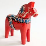 Set of 2 Vintage Swedish Dala Horses in Wood, Hand-Painted Red