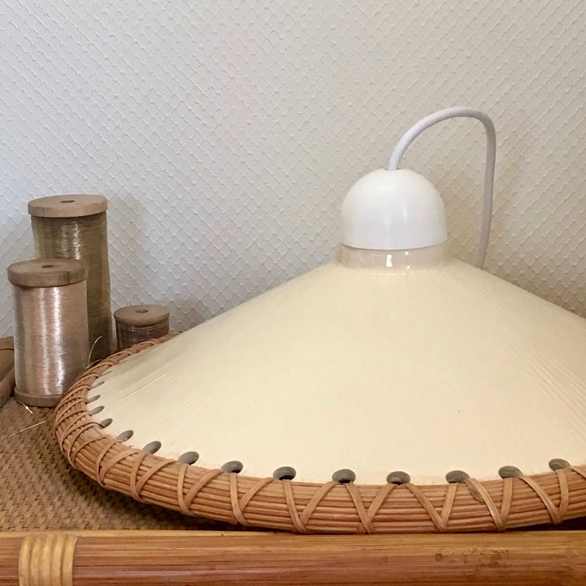 Vintage hanging in rattan and porcelain