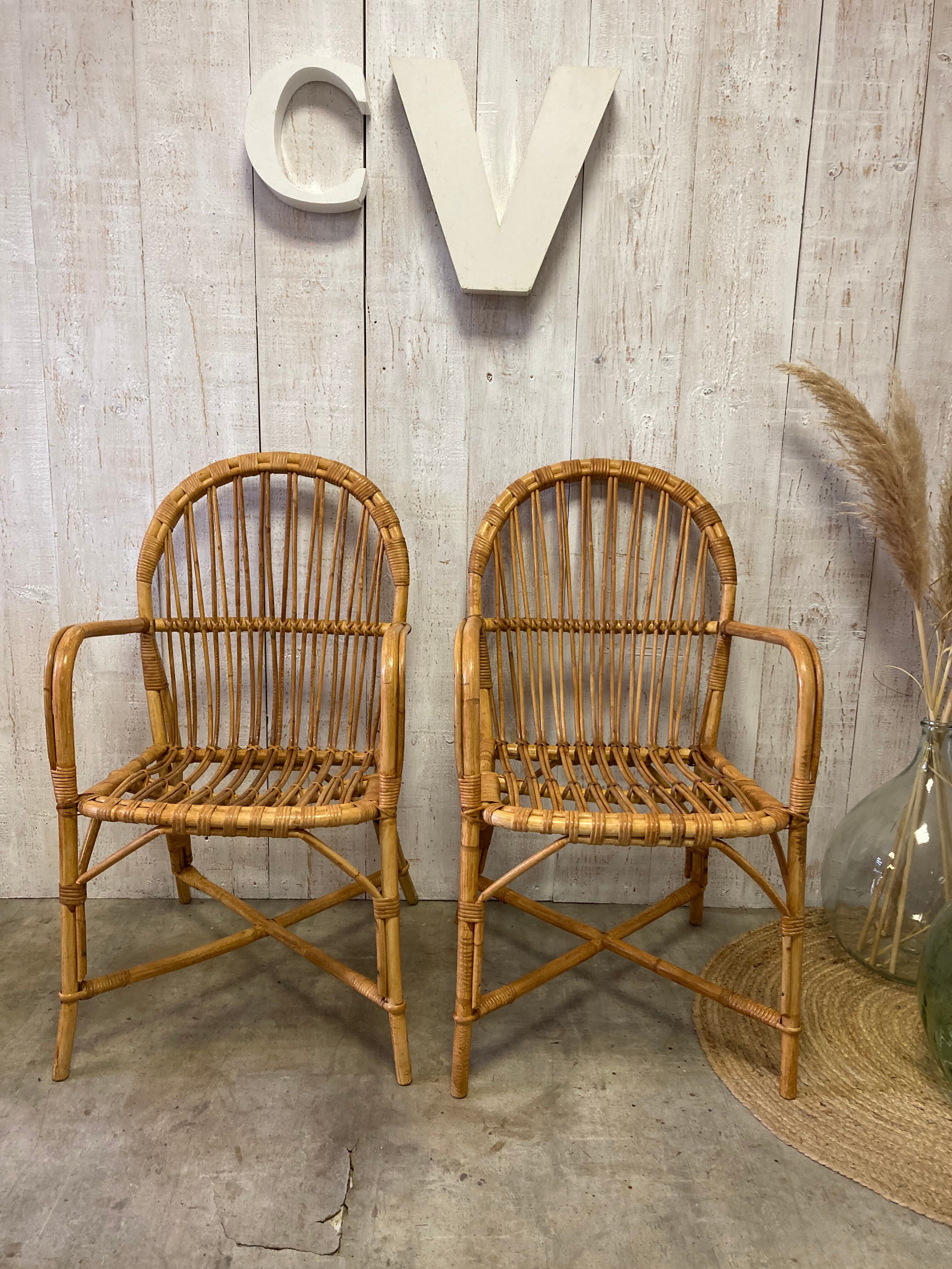 Série de 4 fauteuils rotin vintage