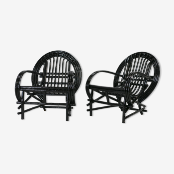 Paire de fauteuils rotin laqués noirs France, cira 1960