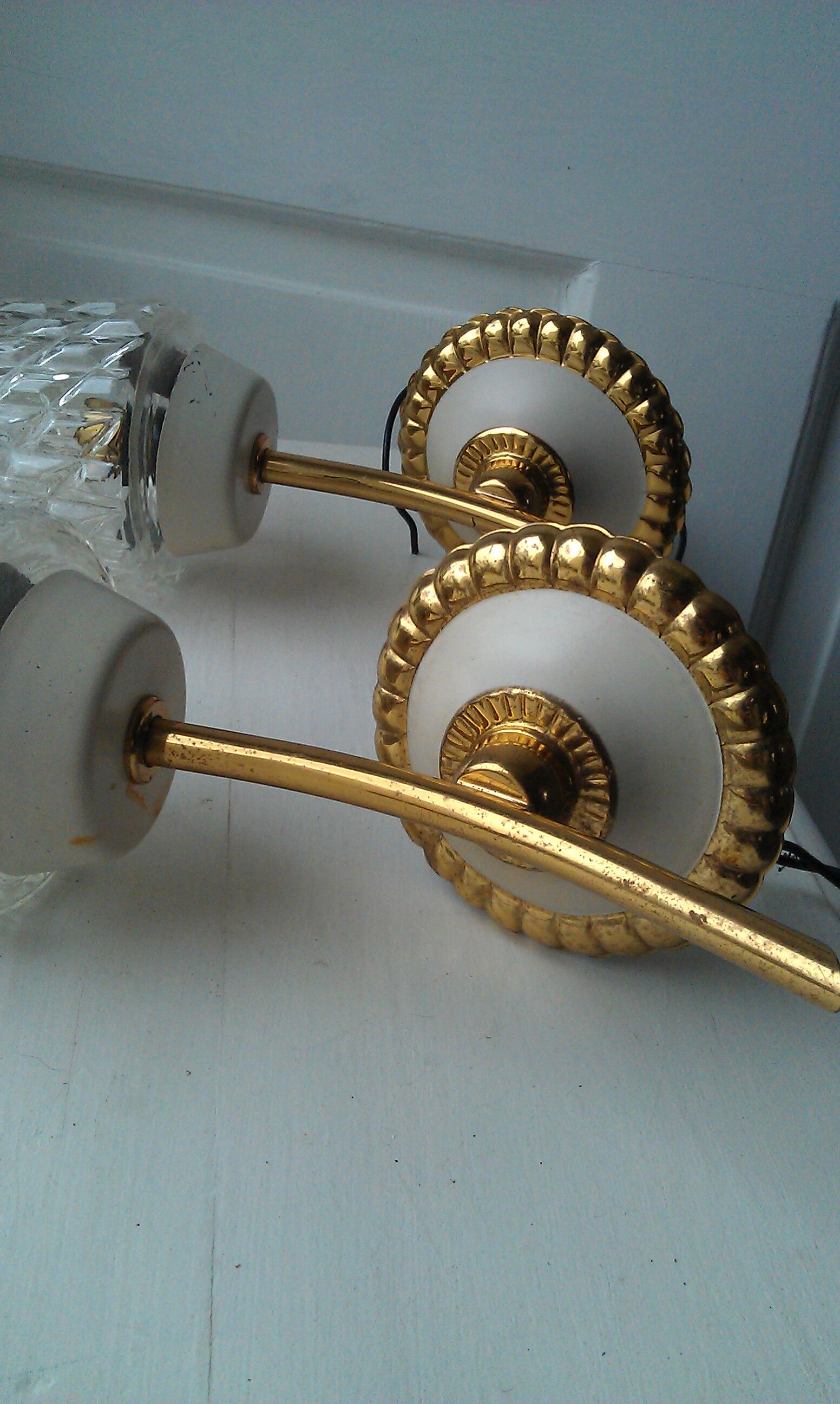 Pair of vintage gold metal and glass wall