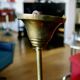 Vintage tri-color chandelier in lacquered steel and brass
