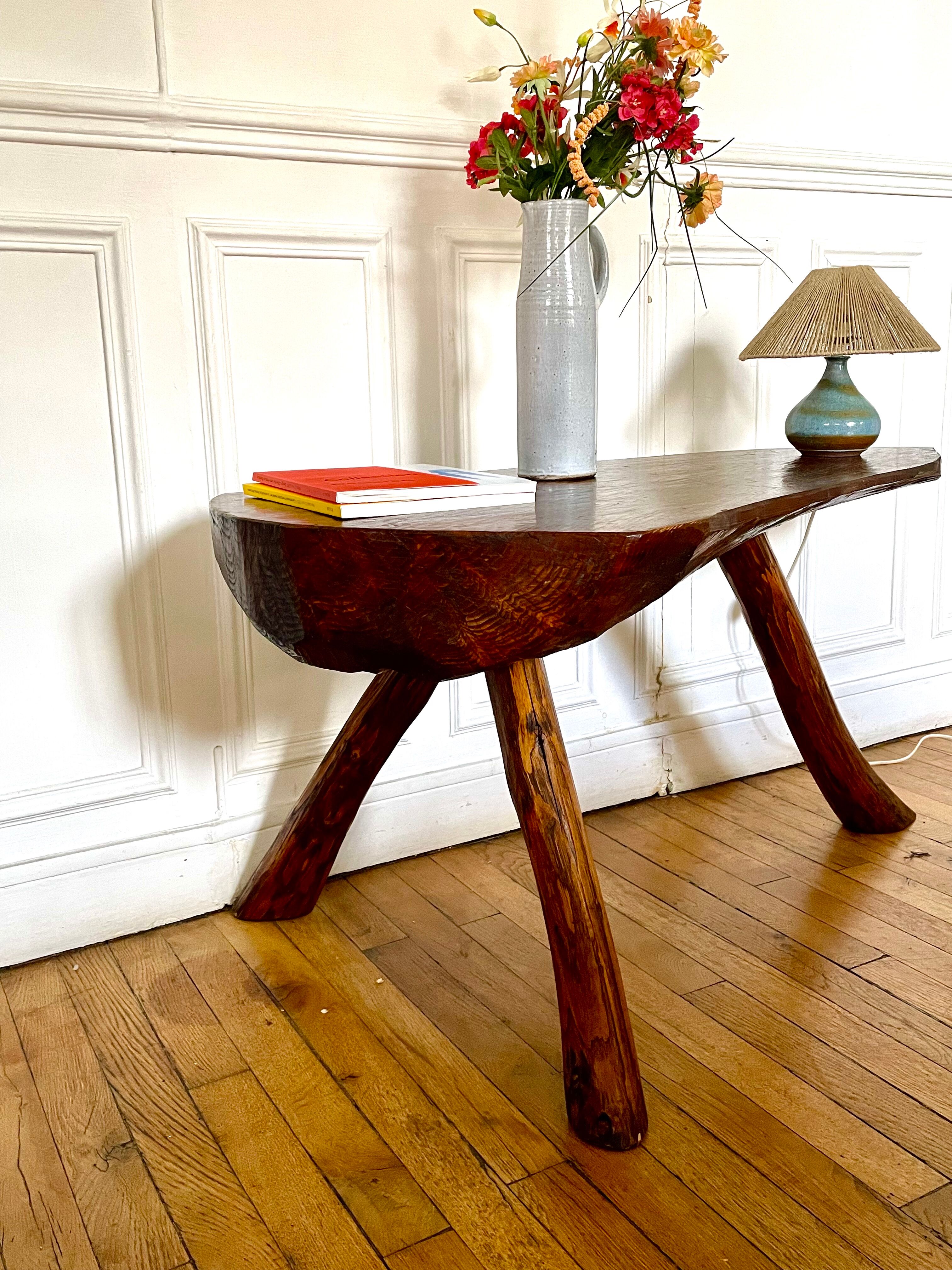 Brutalist tripod coffee table in solid wood, vintage 1960