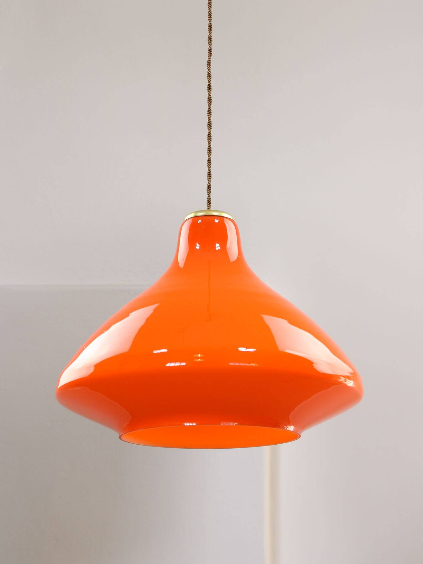 Mid-Century Italian Orange Glass and Brass Pendant Lamp