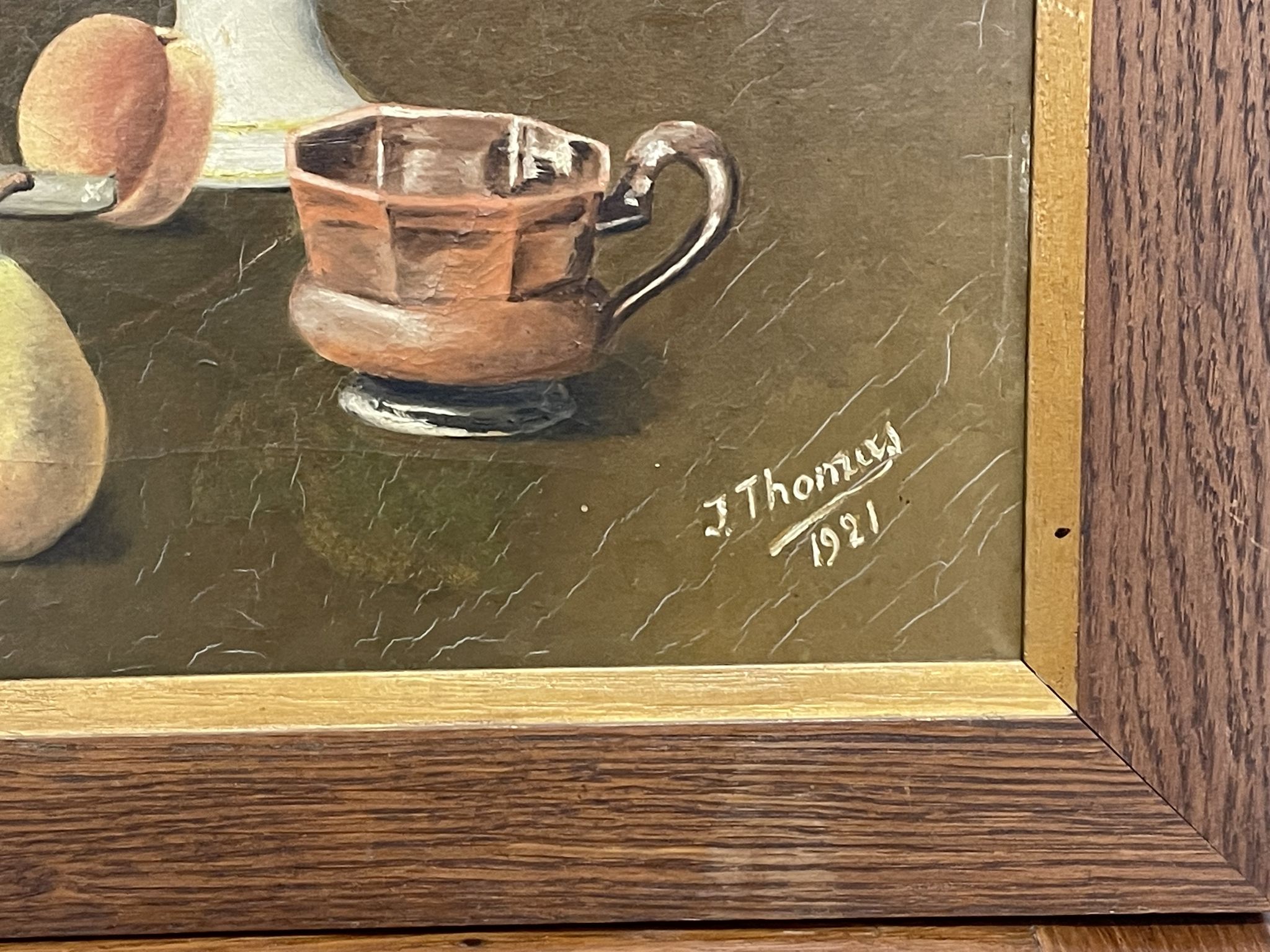 Framed painting oil on canvas still life by J Thomas 1921