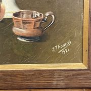 Framed painting oil on canvas still life by J Thomas 1921