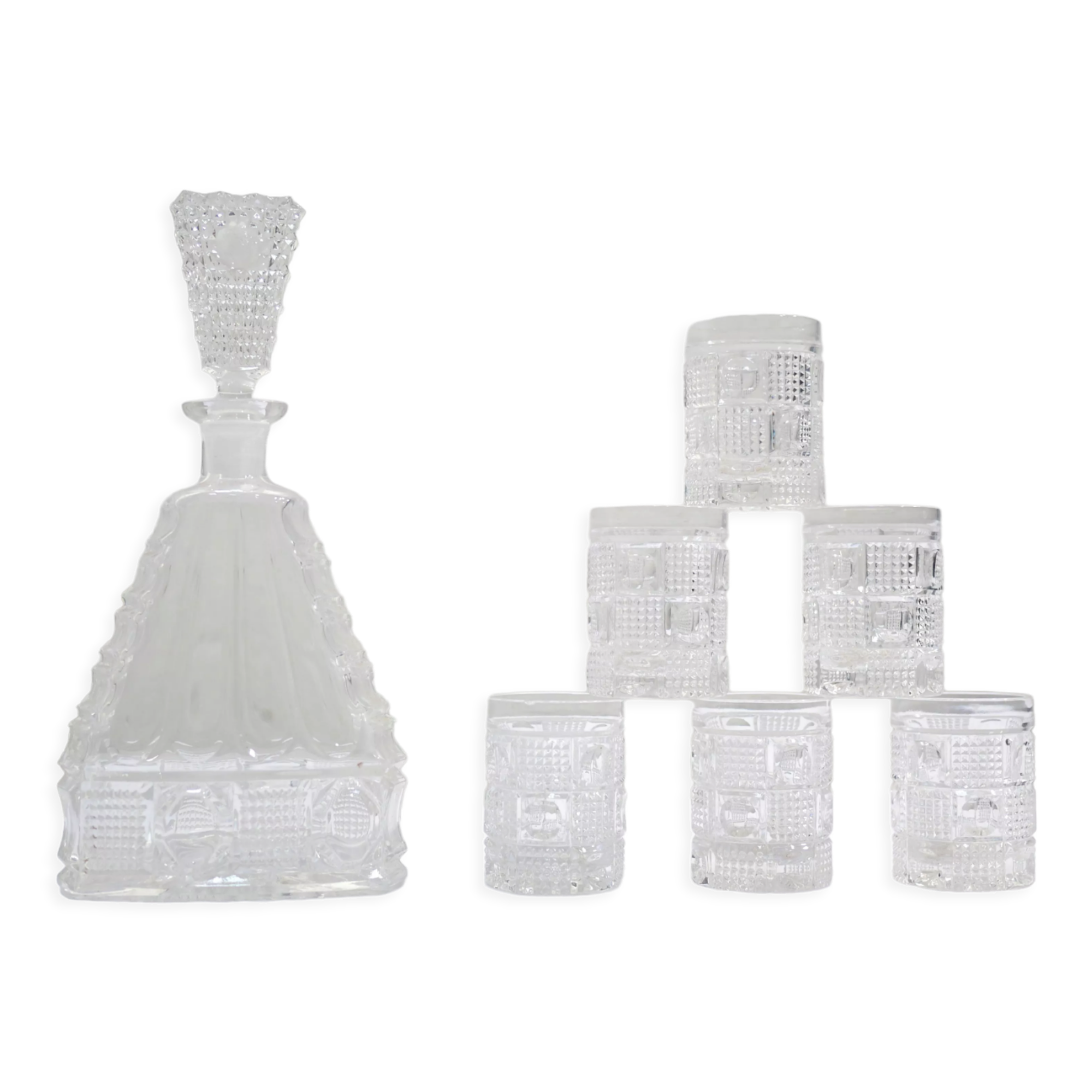 Carafe and 6 vintage glass glasses