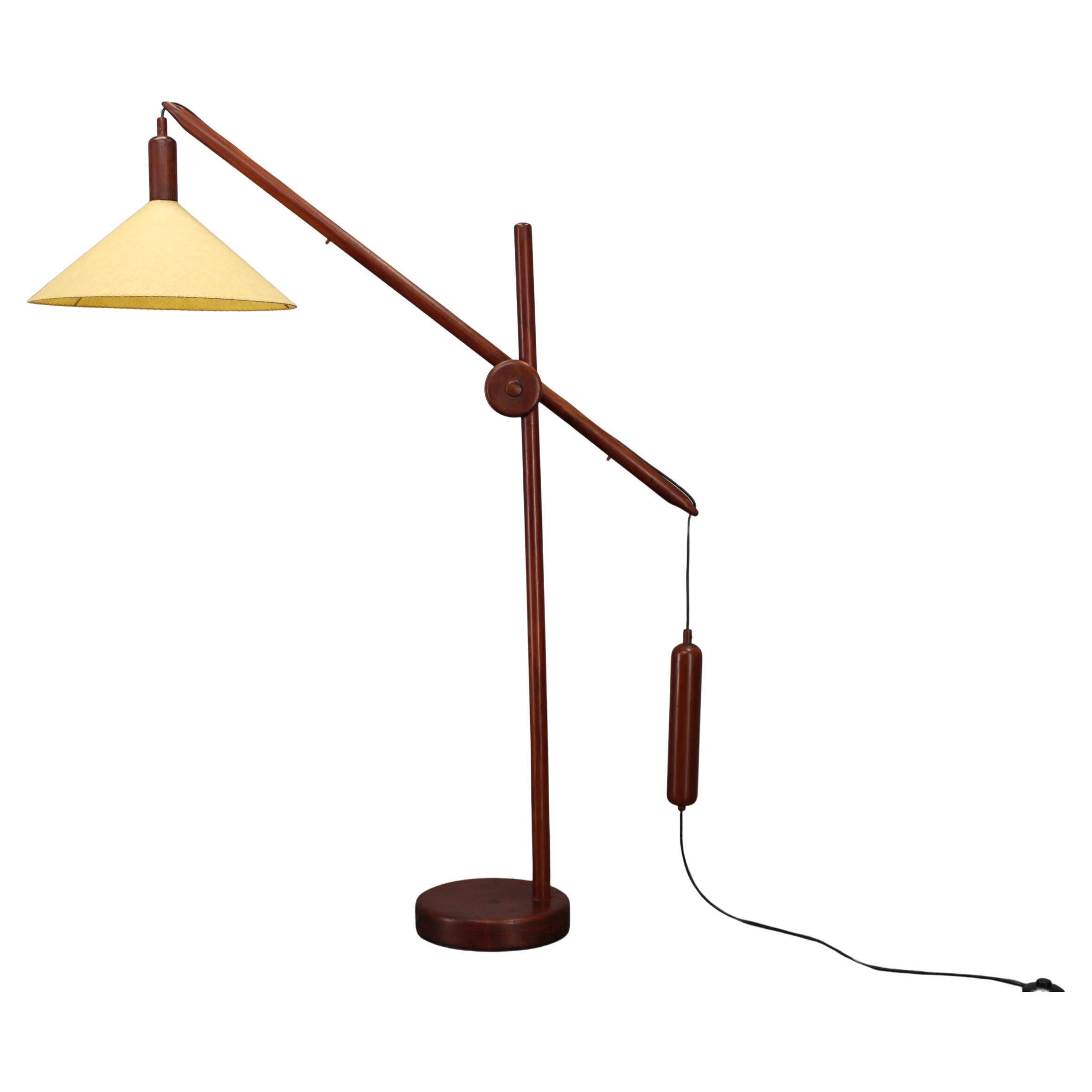 Lampadaire scandinave en pin à contrepoids des années 1970, abat-jour en papier neuf