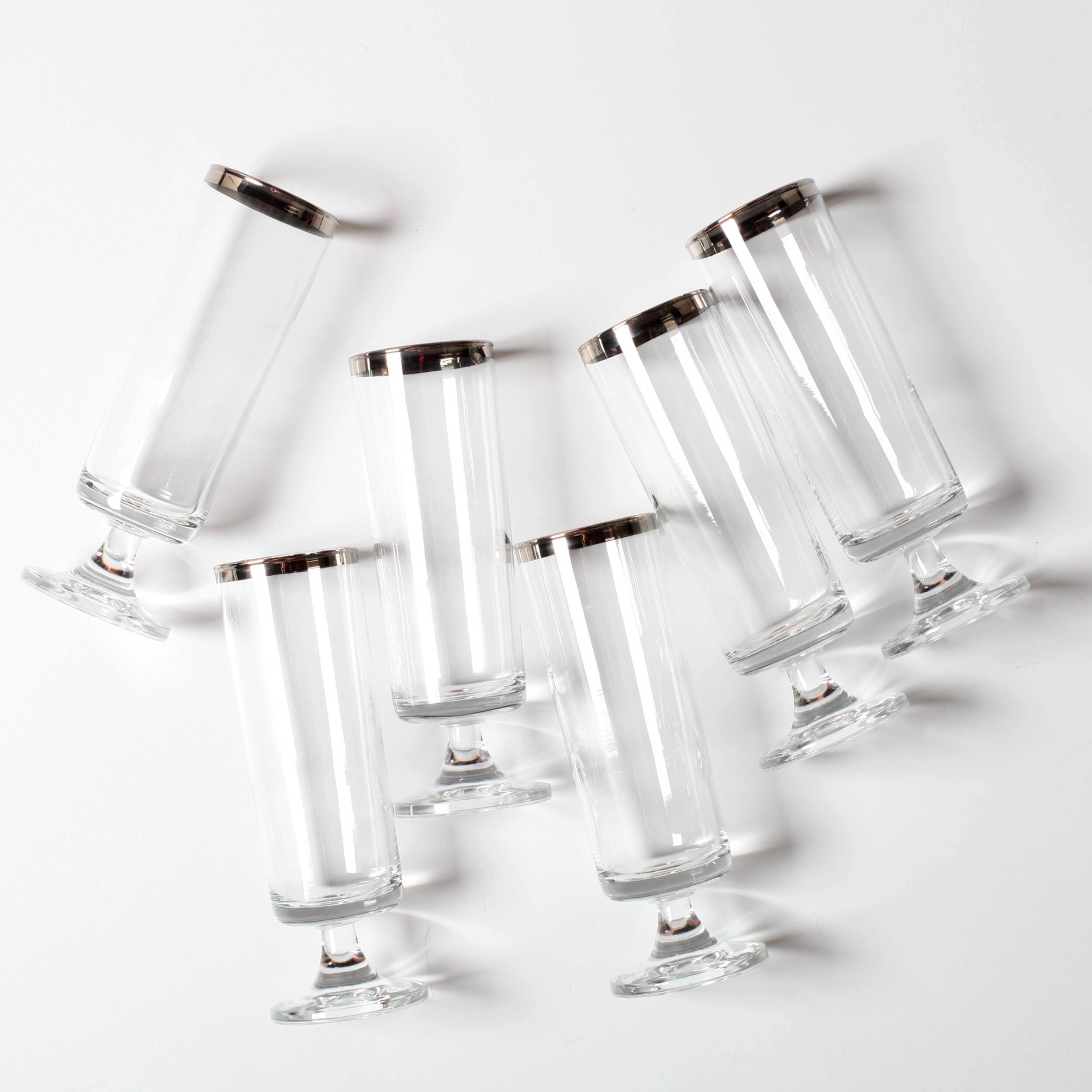 Ensemble de 6 verres à vin vintage italiens transparents avec bord en argent, verres à pied du milieu du siècle.