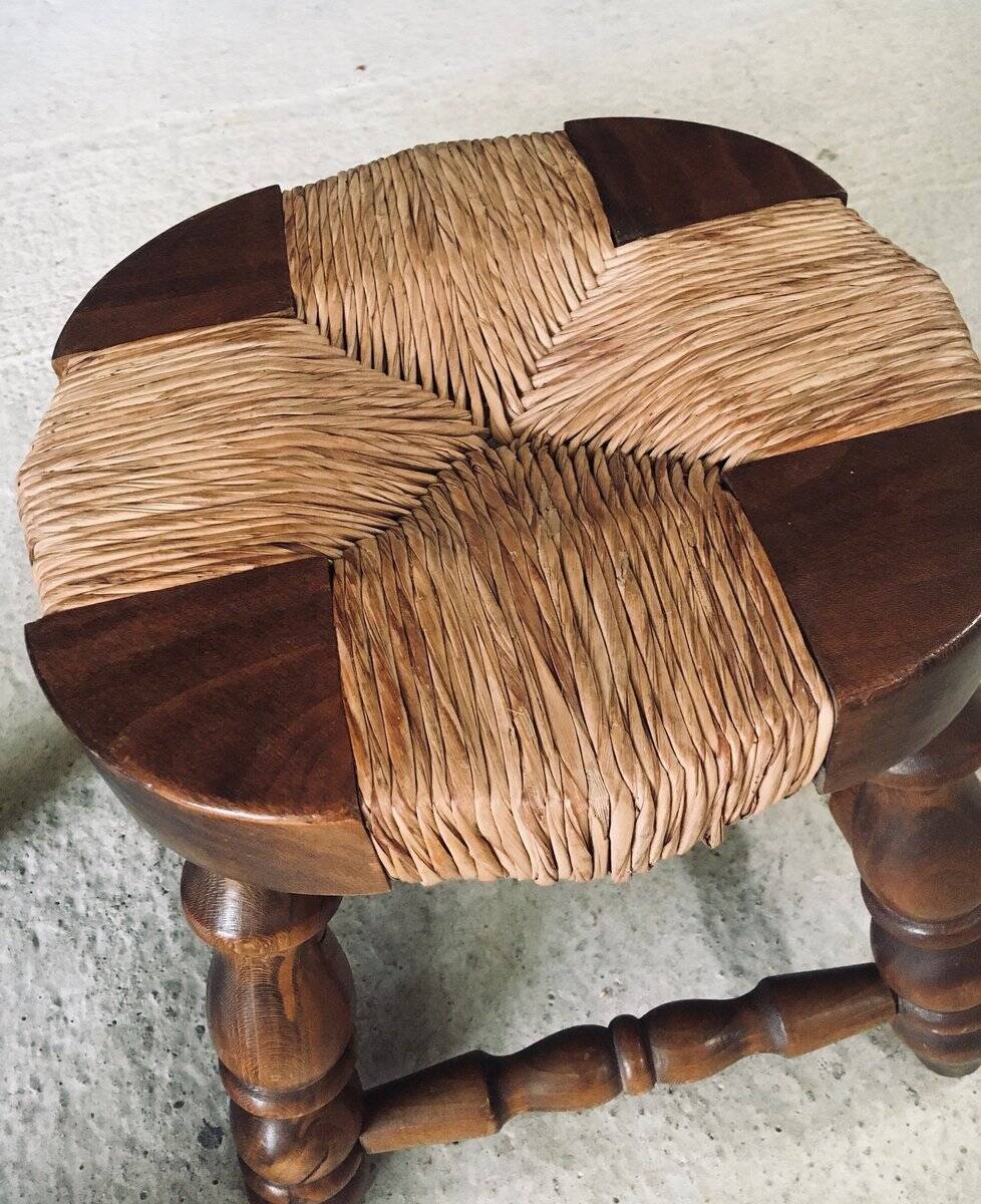 Rustic Low Oak and Rush Stools in the style of Charles Dudouyt, France, 1940s, Set of 2