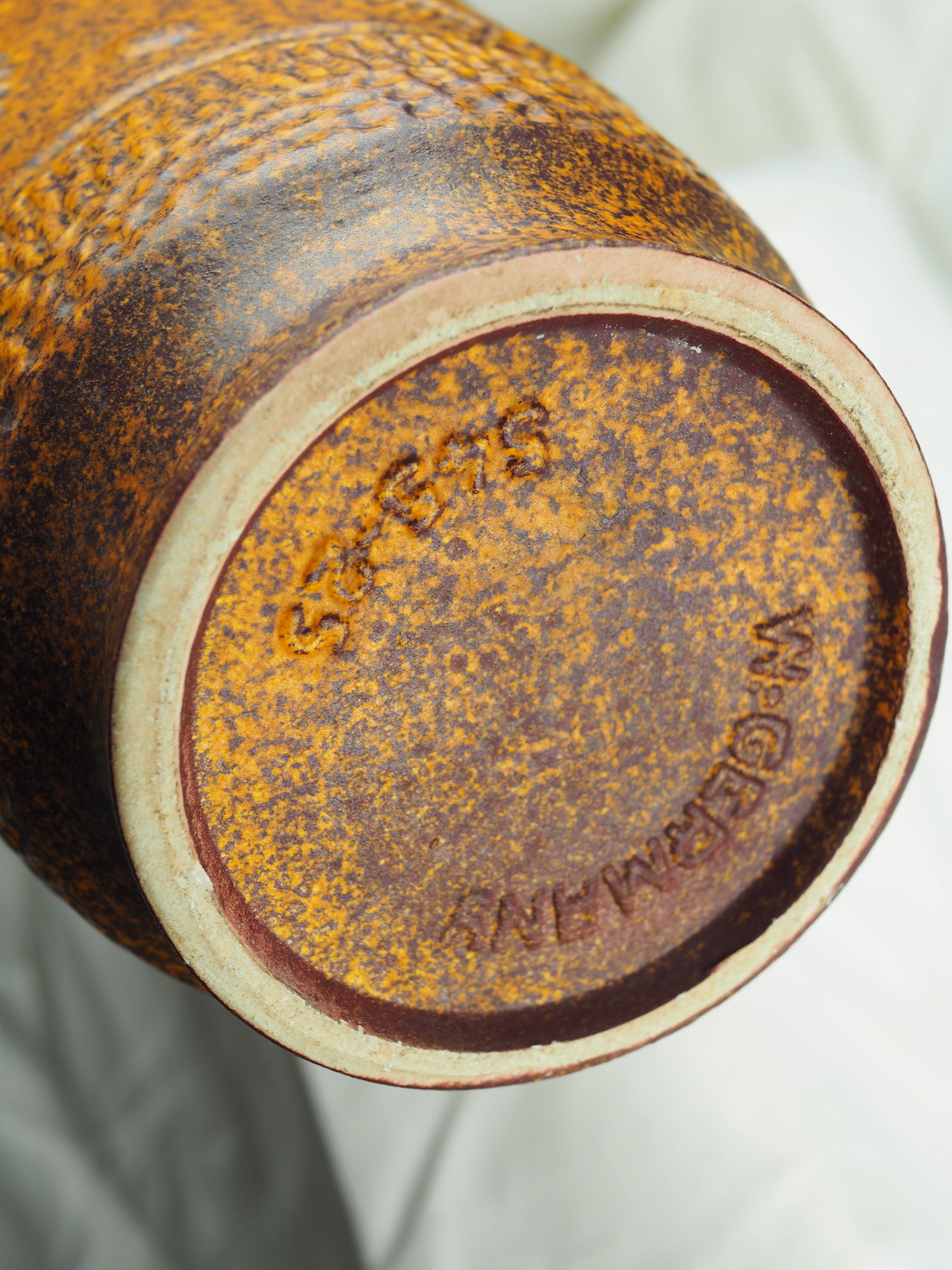 Vase with round reliefs and textured friezes, vibe seventies speckled ochre - Bay Keramik 60s 70s